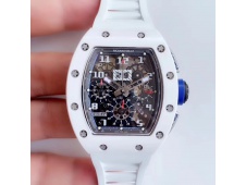 Replica Richard Mille RM011 Real White Ceramic Chronograph KVF 1:1 Best Edition Crystal Skeleton Dial White Rubber A7750
