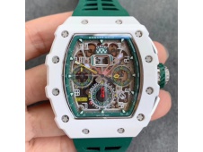 Replica Richard Mille RM011 Real White Ceramic Chronograph KVF 1:1 Best Edition Skeleton Dial Green Rubber A7750