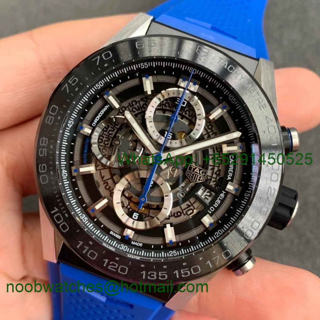 Replica TAG Heuer Carrera Calibre Heuer Chrono SS/PVD XF 1:1 Best Edition Skeleton Dial Blue Rubber Strap A1887