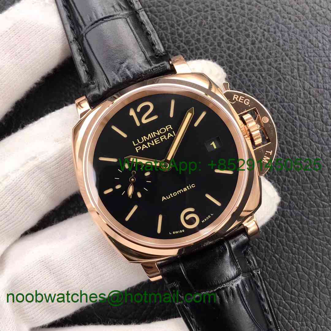 Replica Panerai PAM908 福 Rose GOLD Luminor Due VSF 1:1 Best Black Dial on Leather Strap AXXXIV