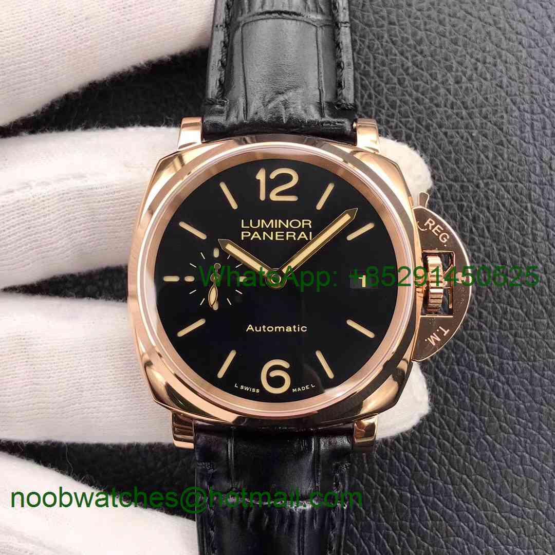 Replica Panerai PAM908 福 Rose GOLD Luminor Due VSF 1:1 Best Black Dial on Leather Strap AXXXIV