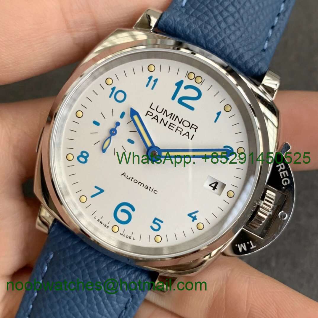 Replica Panerai PAM906 Luminor Due VSF 1:1 Best White Dial on Blue Leather Strap AXXXIV