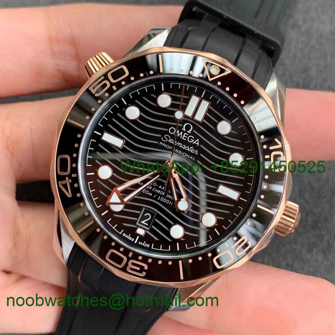 Replica OMEGA 2018 Seamaster Diver 300M SS/Rose Gold VSF 1:1 Best Black Dial on Rubber Strap A8800