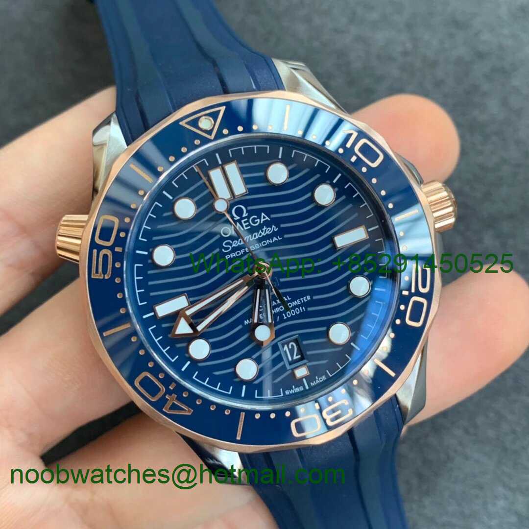 Replica OMEGA 2018 Seamaster Diver 300M SS/Rose Gold VSF 1:1 Best Blue Dial on Rubber Strap A8800