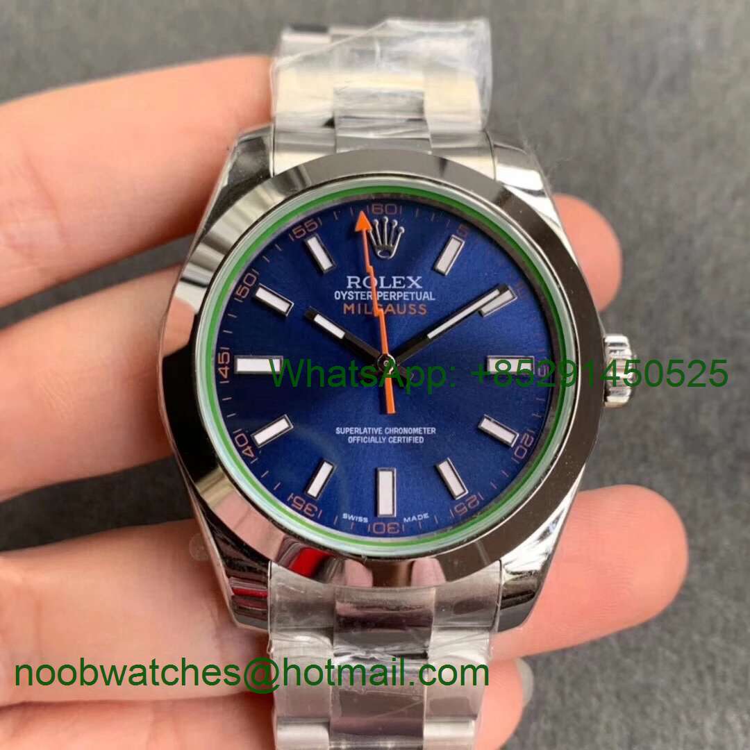 Replica ROLEX Milgauss116400 GV NOOB 1:1 Green Sapphire Blue Dial on SS Bracelet A2836