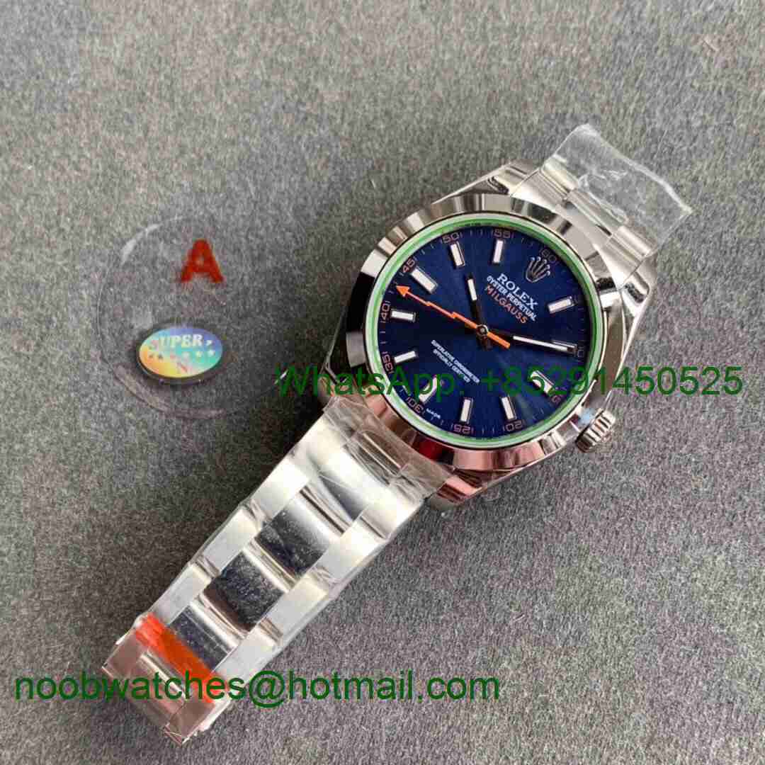 Replica ROLEX Milgauss116400 GV NOOB 1:1 Green Sapphire Blue Dial on SS Bracelet A2836
