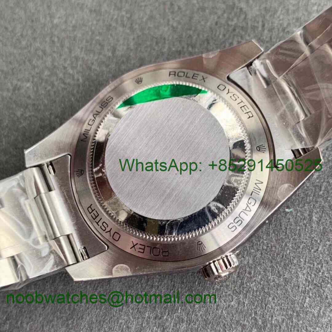 Replica ROLEX Milgauss116400 GV NOOB 1:1 Green Sapphire Black Dial on SS Bracelet A2836