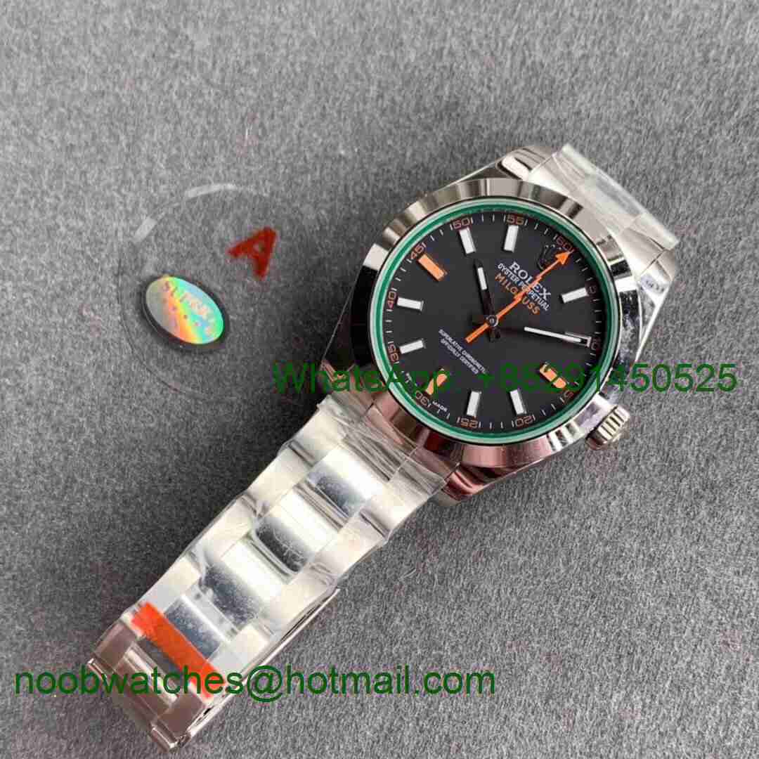 Replica ROLEX Milgauss116400 GV NOOB 1:1 Green Sapphire Black Dial on SS Bracelet A2836