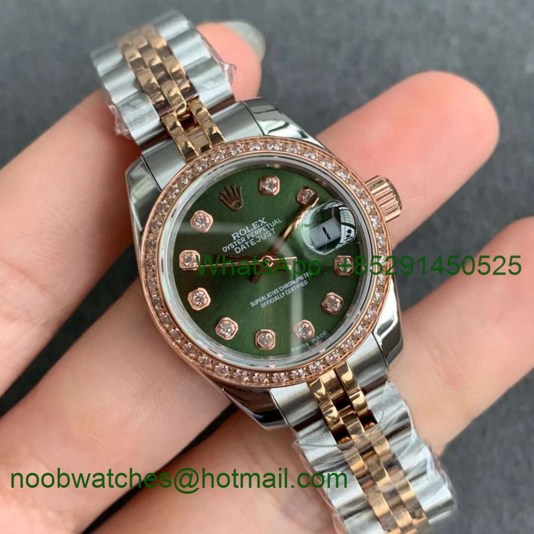 Replica Rolex Datejust 28MM 279383RBR Ladies WF Rose Gold/Steel Diamond Bezel Green Dial Swiss ETA 2671 Watch