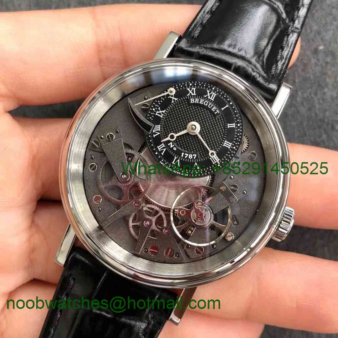 Replica Breguet Tradition 7057BB/G9/9W6 SS Real PR SF 1:1 Best Black Skeleton Dial Black Leather Strap A507 V2