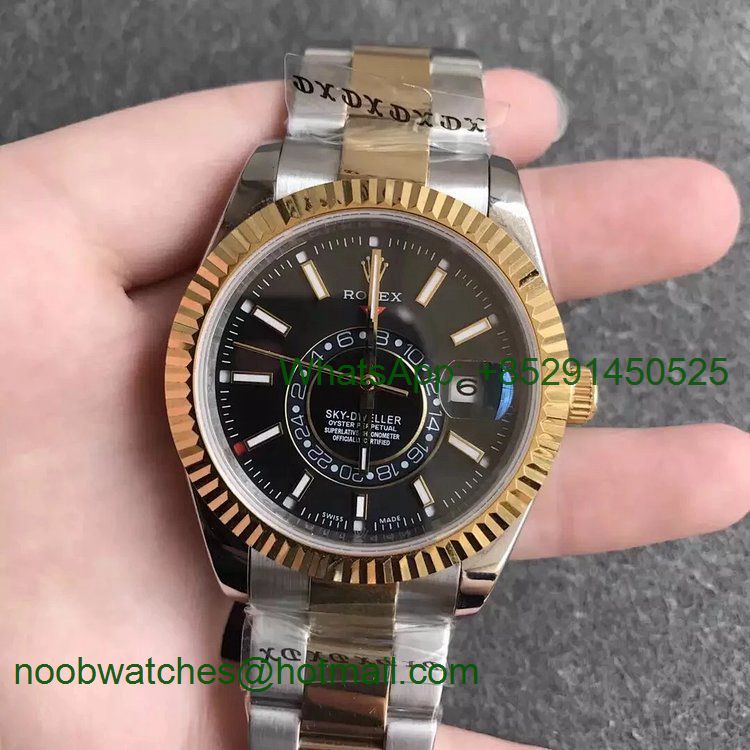 Replica Rolex Skydweller Two Tone SS/Yellow Gold Black Dial Stick Lume Markers Asian 23J