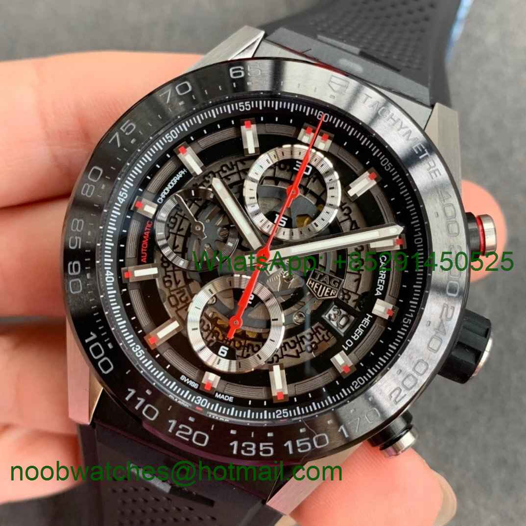 Replica TAG Heuer Calibre Heuer 01 Chrono SS XF 1:1 Best Edition Black Dial on Black Rubber Strap A1887