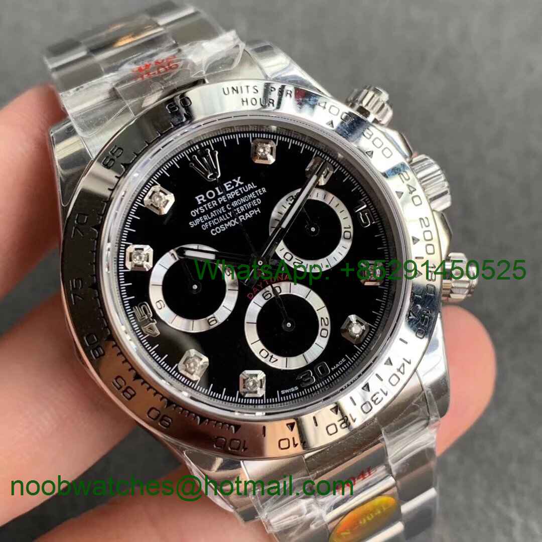 Replica Rolex Daytona 116509 SS Noob 1:1 Best Edition 904L Black Dial Diamonds Markers SA4130 V3