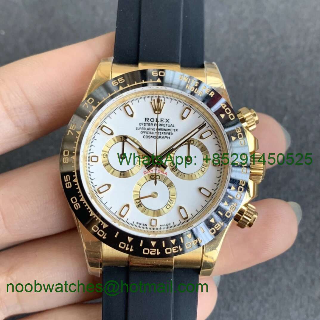 Replica Rolex Daytona 116518 Noob 1:1 Best Yellow Gold Plated 904L White Dial Black Rubber Strap SA4130 V3 (Free Extra S