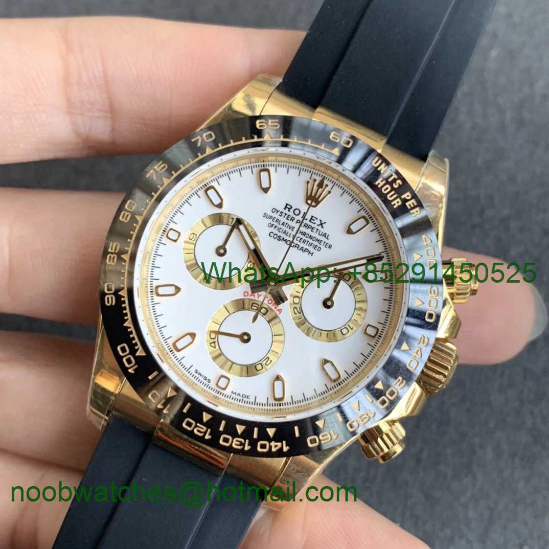 Replica Rolex Daytona 116518 Noob 1:1 Best Yellow Gold Plated 904L White Dial Black Rubber Strap SA4130 V3 (Free Extra S