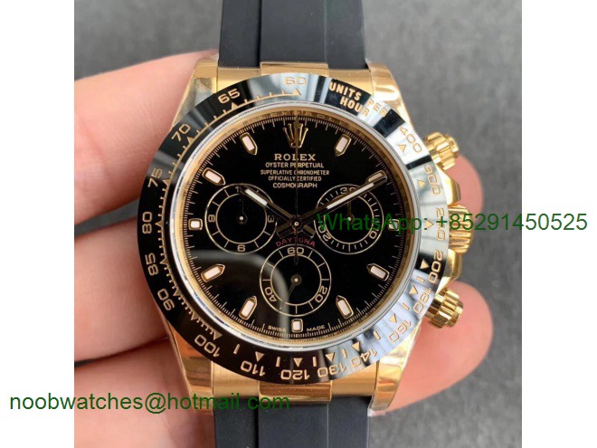 Replica Rolex Daytona 116518 Noob 1:1 Best Yellow Gold Plated 904L Black Dial on Rubber Strap SA4130 V3 (Free Extra Stra