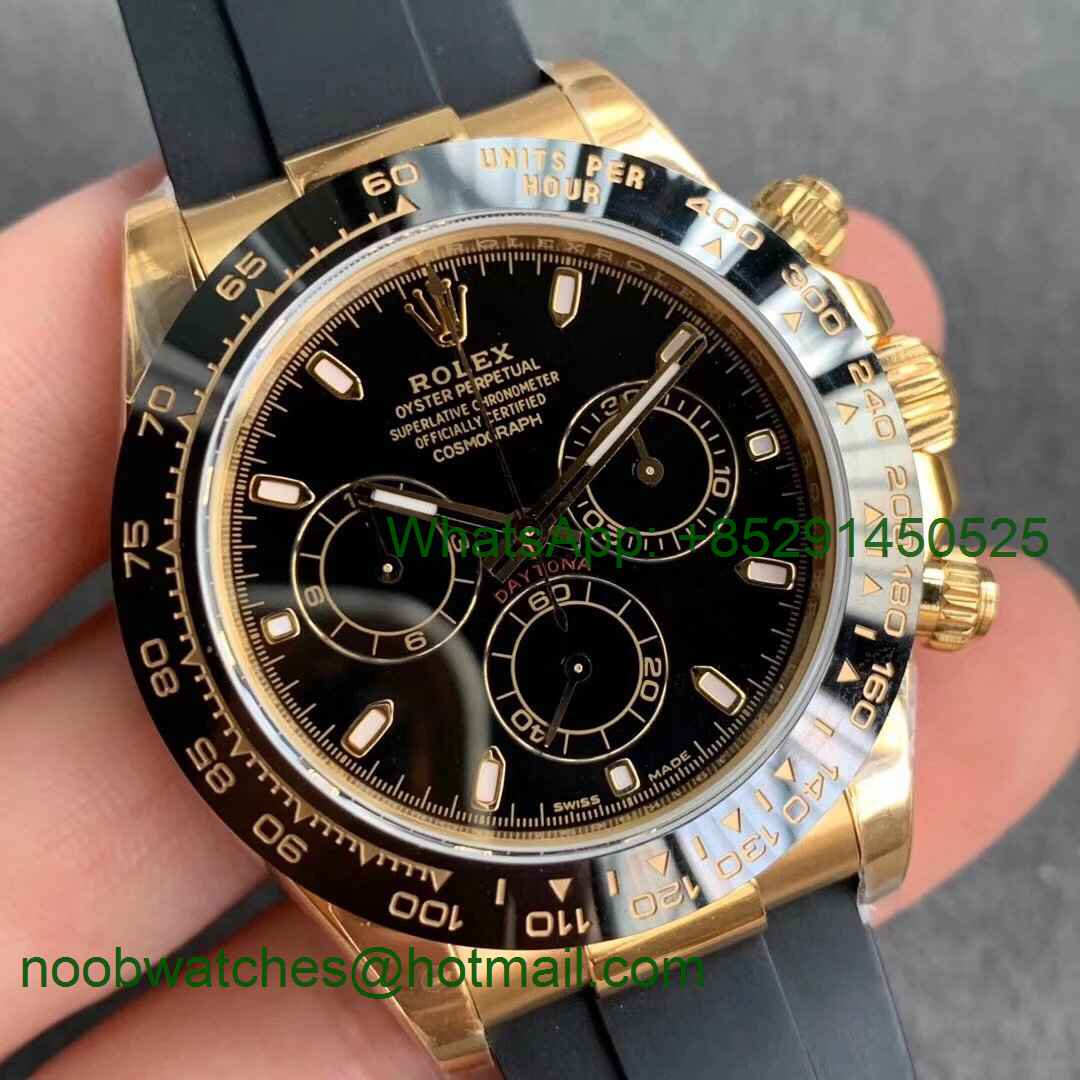 Replica Rolex Daytona 116518 Noob 1:1 Best Yellow Gold Plated 904L Black Dial on Rubber Strap SA4130 V3 (Free Extra Stra