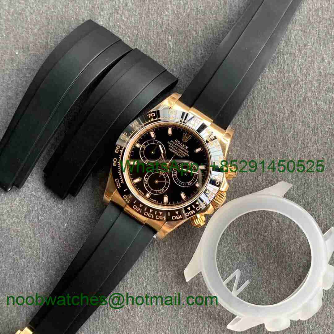 Replica Rolex Daytona 116518 Noob 1:1 Best Yellow Gold Plated 904L Black Dial on Rubber Strap SA4130 V3 (Free Extra Stra