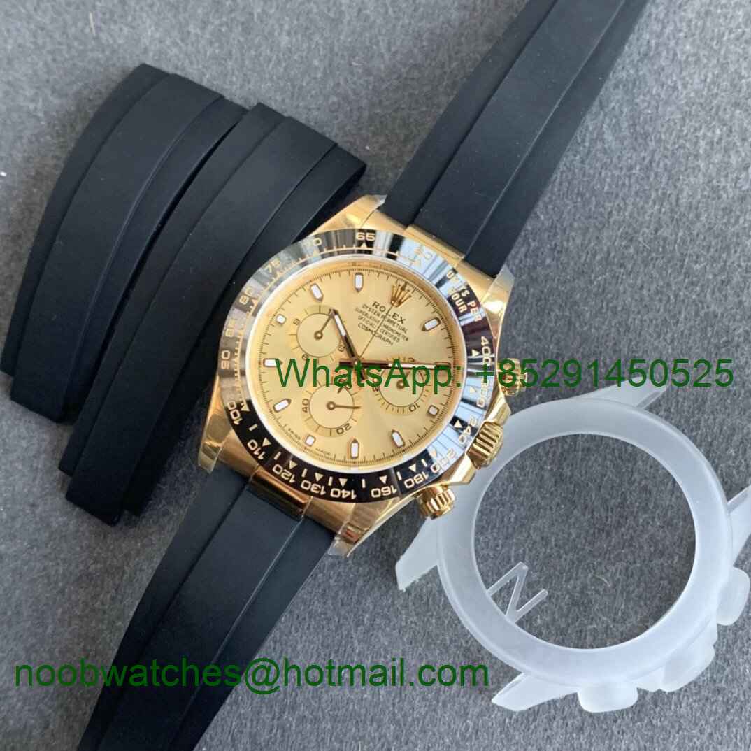 Replica Rolex Daytona 116518 Noob 1:1 Best Yellow Gold Plated 904L YG Dial on Black Rubber Strap SA4130 V3 (Free Extra S