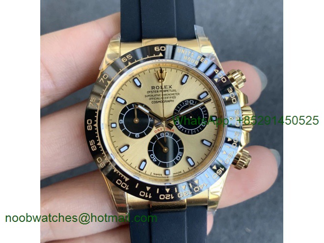 Replica Rolex Daytona 116518 Noob 1:1 Best Yellow Gold Plated 904L YG/Black Dial on Rubber Strap SA4130 V3 (Free Extra S