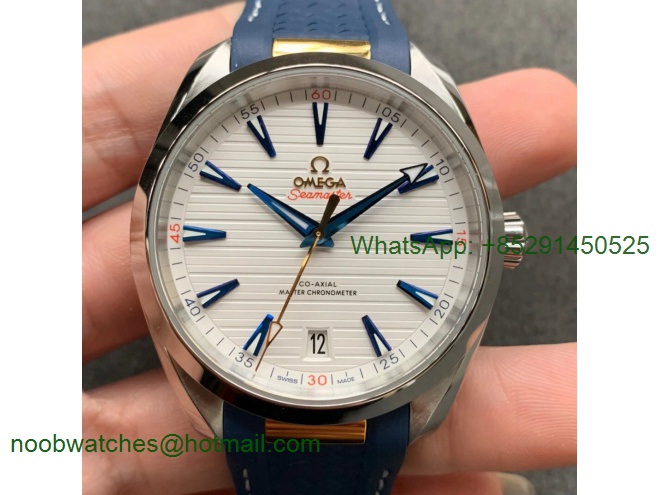 Replica OMEGA Aqua Terra 150M Master Chronometers VSF 1:1 Best White Dial Gold Hand Blue Rubber Strap A8900 Super Clone