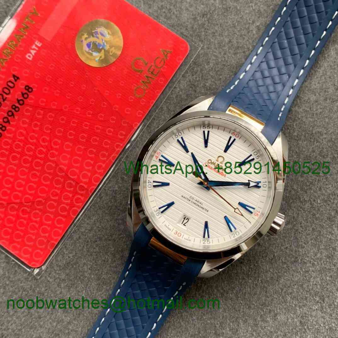 Replica OMEGA Aqua Terra 150M Master Chronometers VSF 1:1 Best White Dial Gold Hand Blue Rubber Strap A8900 Super Clone