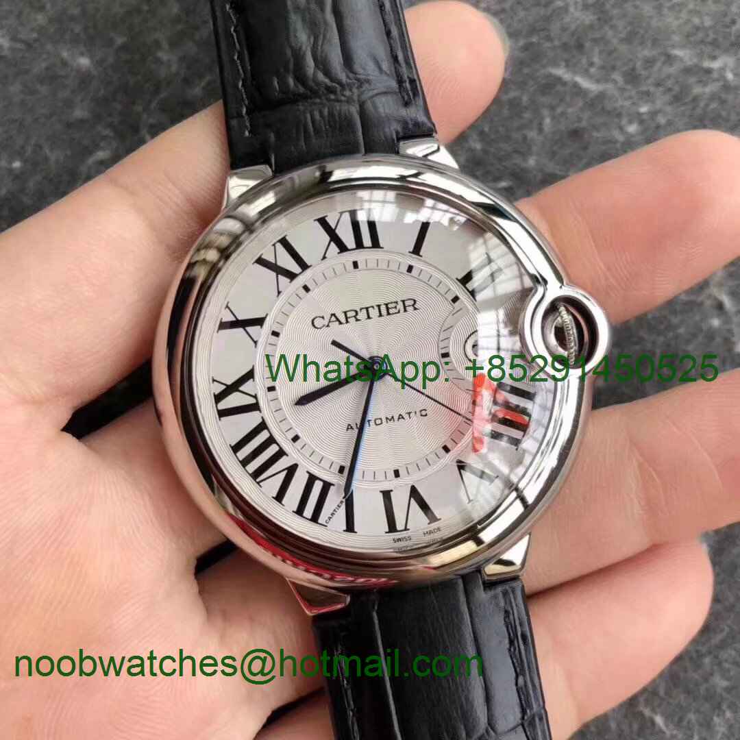 Replica Cartier Ballon Bleu 42mm SS V6F 1:1 Best Edition Silver Textured Dial on Black Leather Strap A2824