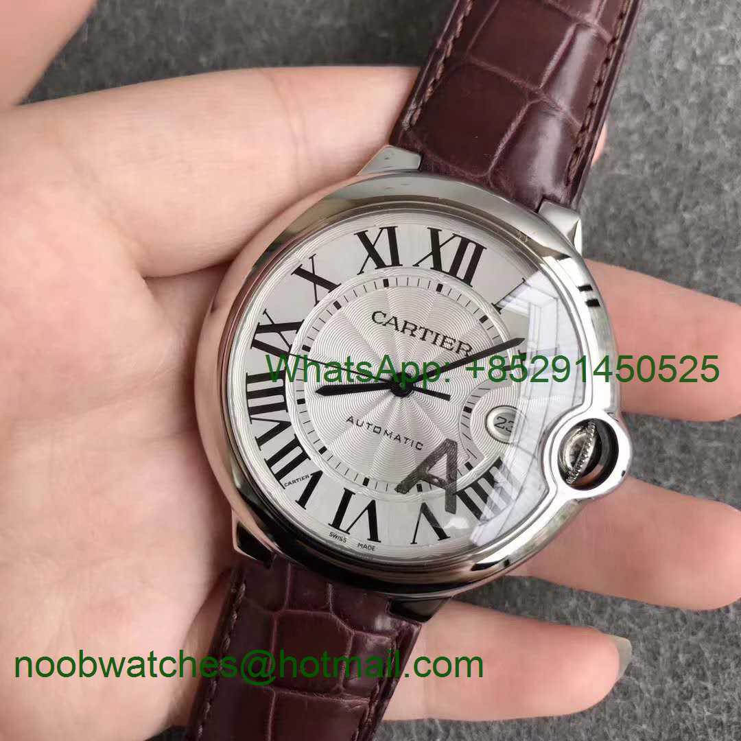 Replica Cartier Ballon Bleu 42mm SS V6F 1:1 Best Edition Silver Textured Dial on Brown Leather Strap A2824