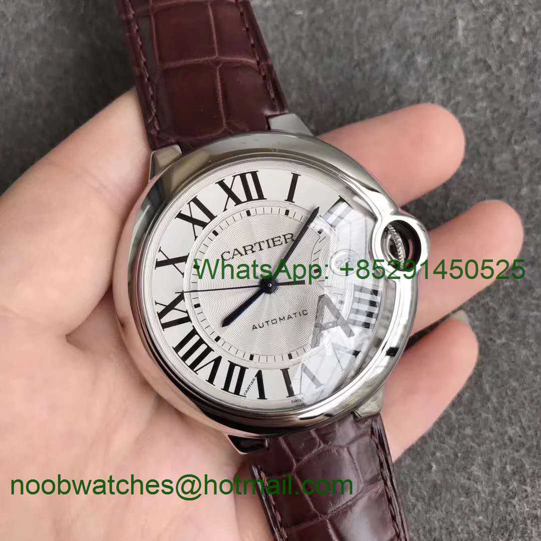 Replica Cartier Ballon Bleu 42mm SS V6F 1:1 Best Edition Silver Textured Dial on Brown Leather Strap A2824