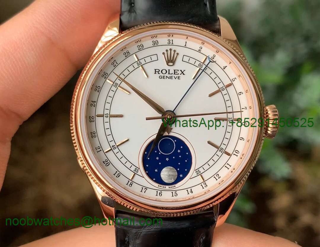 Replica Rolex Cellini 50535 Moonphase ZZF 1:1 Best Rose Gold White dial on leather strap A3195