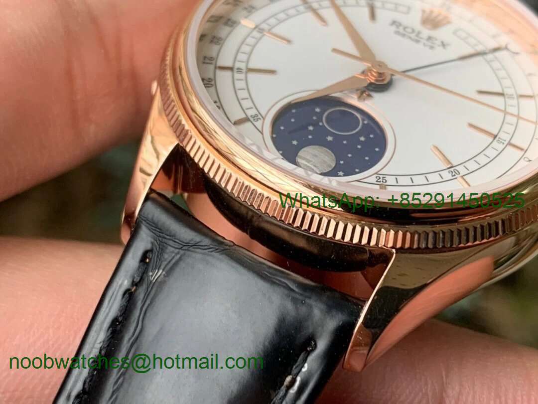 Replica Rolex Cellini 50535 Moonphase ZZF 1:1 Best Rose Gold White dial on leather strap A3195