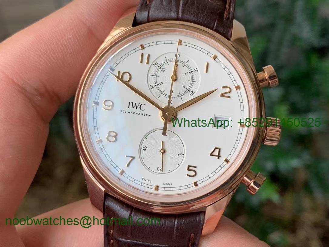 Replica IWC Portugieser Chrono Classic 42 Rose Gold IW390301 ZF 1:1 Best White Dial on Brown Leather Strap A7750