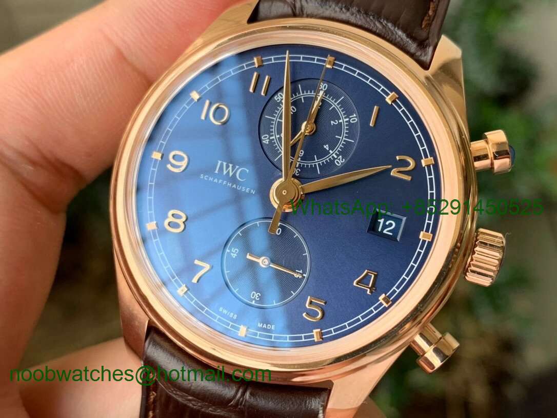 Replica IWC Portugieser Chrono Classic 42 Rose Gold IW390305 ZF 1:1 Best Blue Dial on Brown Leather Strap A7750