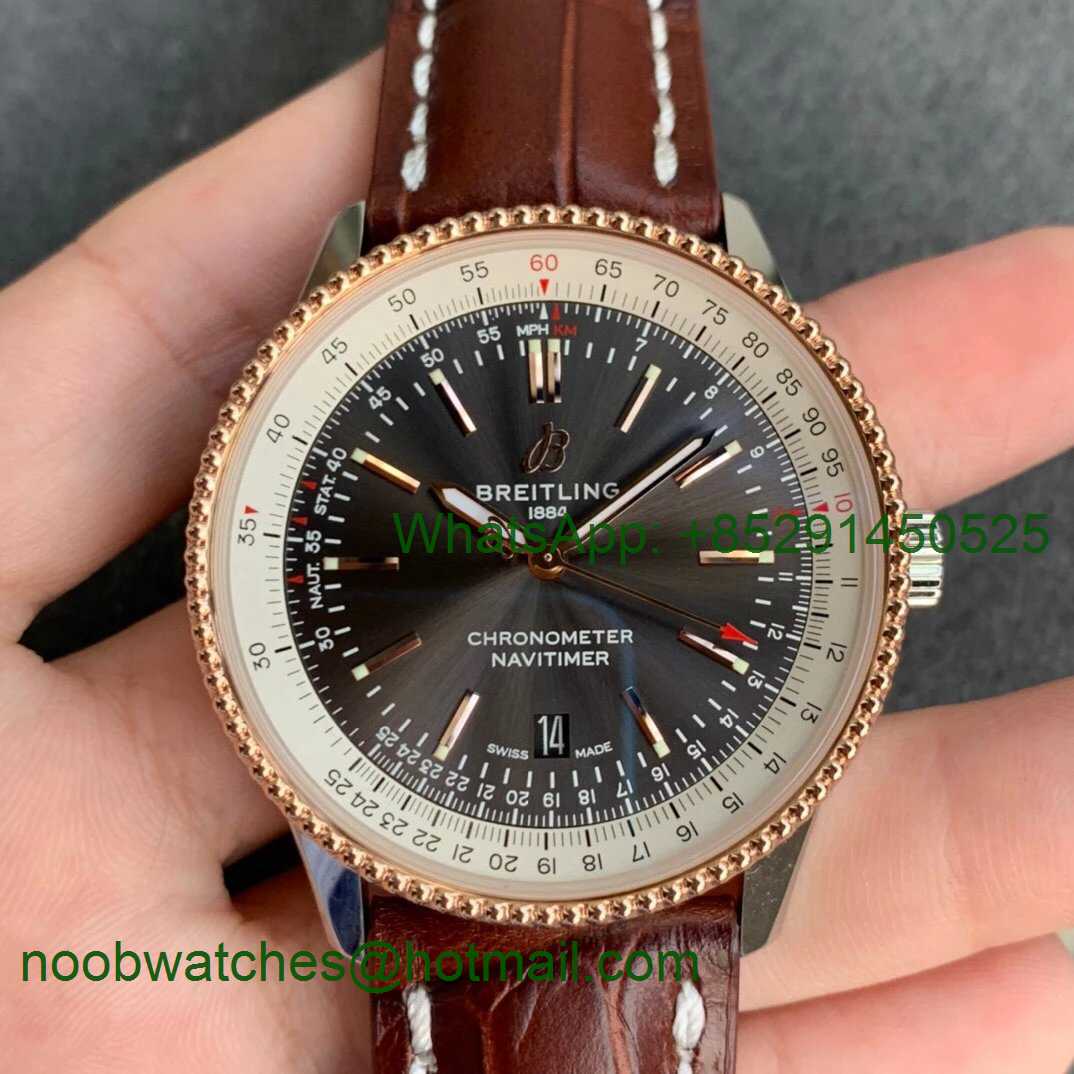 Replica Breitling Navitimer 01 SS 41mm V7F 1:1 Best Rose Gold Bezel Gray Dial on Brown Leather Strap A2824