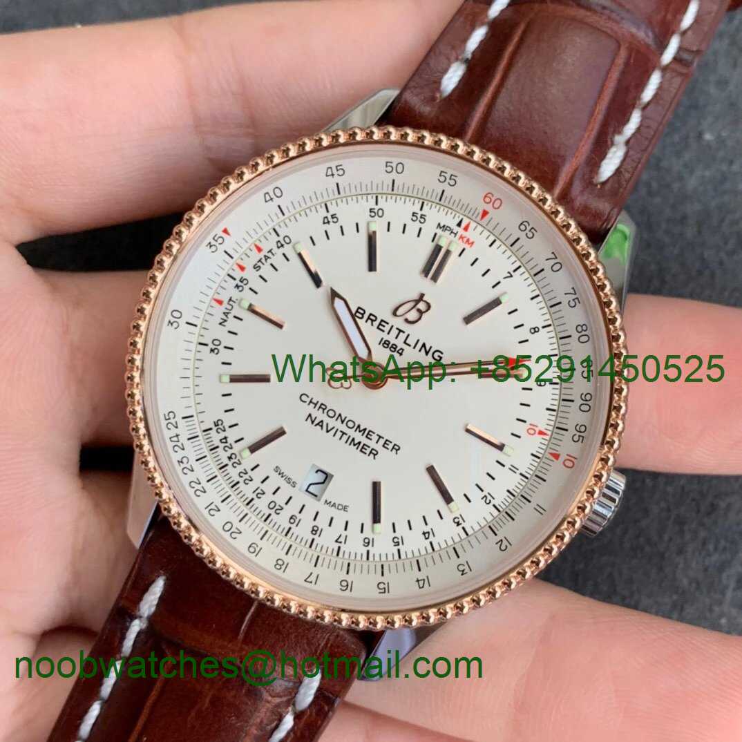 Replica Breitling Navitimer 01 SS 41mm V7F 1:1 Best Rose Gold Bezel White Dial on Brown Leather Strap A2824