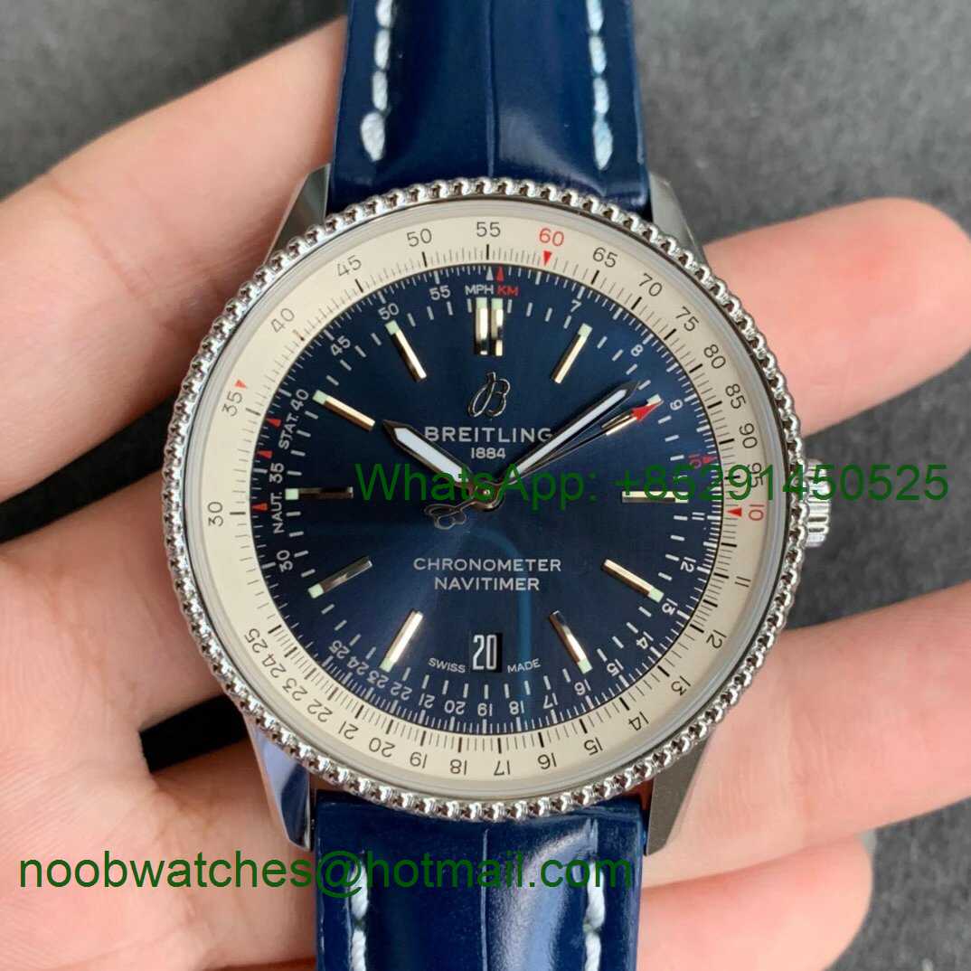 Replica Breitling Navitimer 01 SS 41mm V7F 1:1 Best Blue Dial on Blue Leather Strap A2824