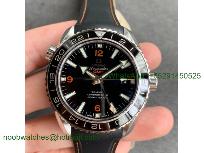Replica OMEGA Planet Ocean 600M Co-Axial GMT 43.5mm VSF 1:1 Best Black Dial Orange Markers on Rubber Strap A8605