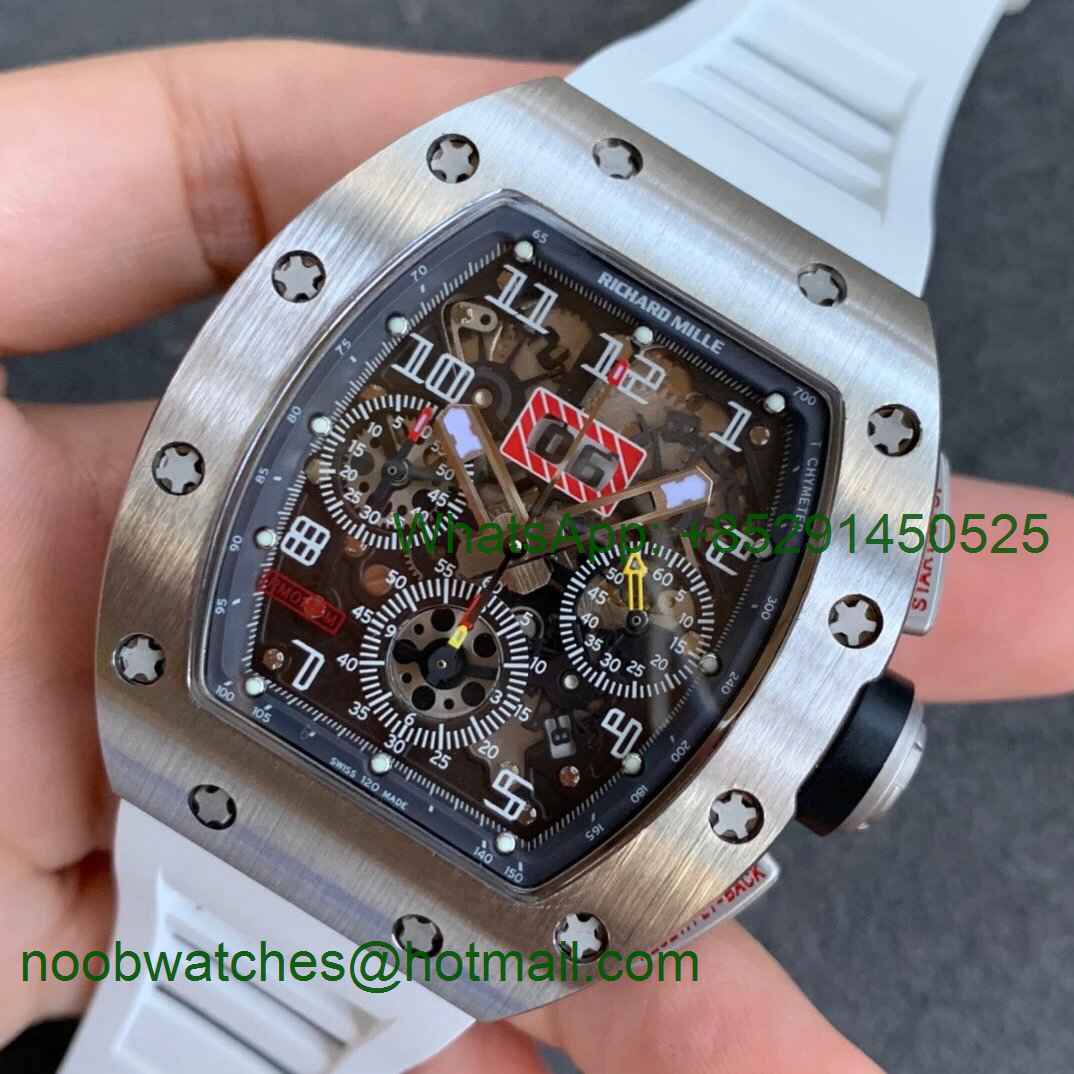 Replica Richard Mille RM011 SS Chrono KVF 1:1 Best Edition Crystal Dial Black on White Rubber Strap A7750 V3