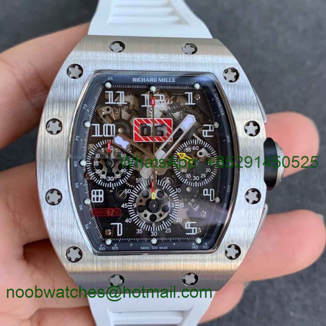 Replica Richard Mille RM011 SS Chrono KVF 1:1 Best Edition Crystal Dial Black on White Rubber Strap A7750 V3