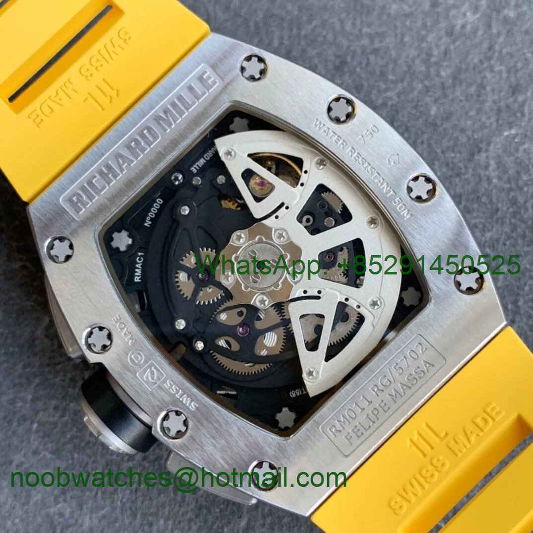 Replica Richard Mille RM011 SS Chrono KVF 1:1 Best Crystal Dial Black on Yellow Rubber Strap A7750 V3