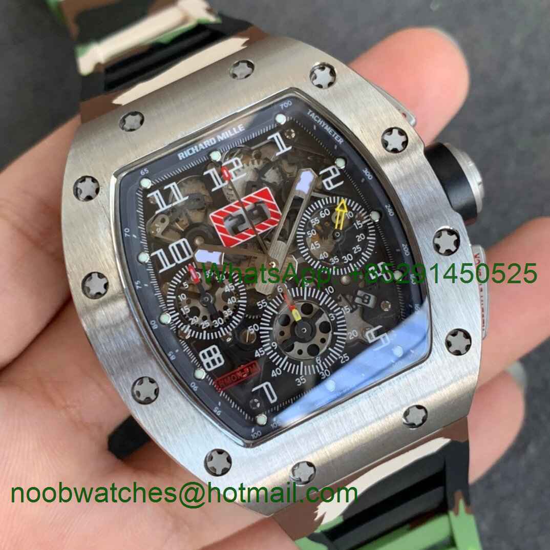 Replica Richard Mille RM011 SS Chrono KVF 1:1 Best Crystal Dial Black on Green Camo Rubber Strap A7750 V3