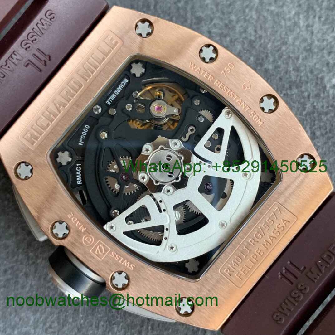 Replica Richard Mille RM011 Rose Gold Chrono KVF 1:1 Best Crystal Dial Black on Brown Rubber Strap A7750 V3