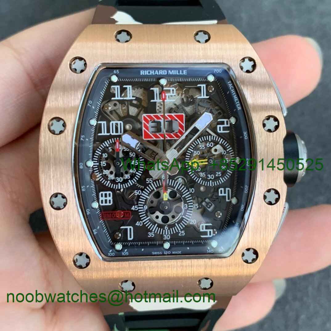 Replica Richard Mille RM011 Rose Gold Chrono KVF 1:1 Best Crystal Dial Black on Green Camo Rubber Strap A7750 V3