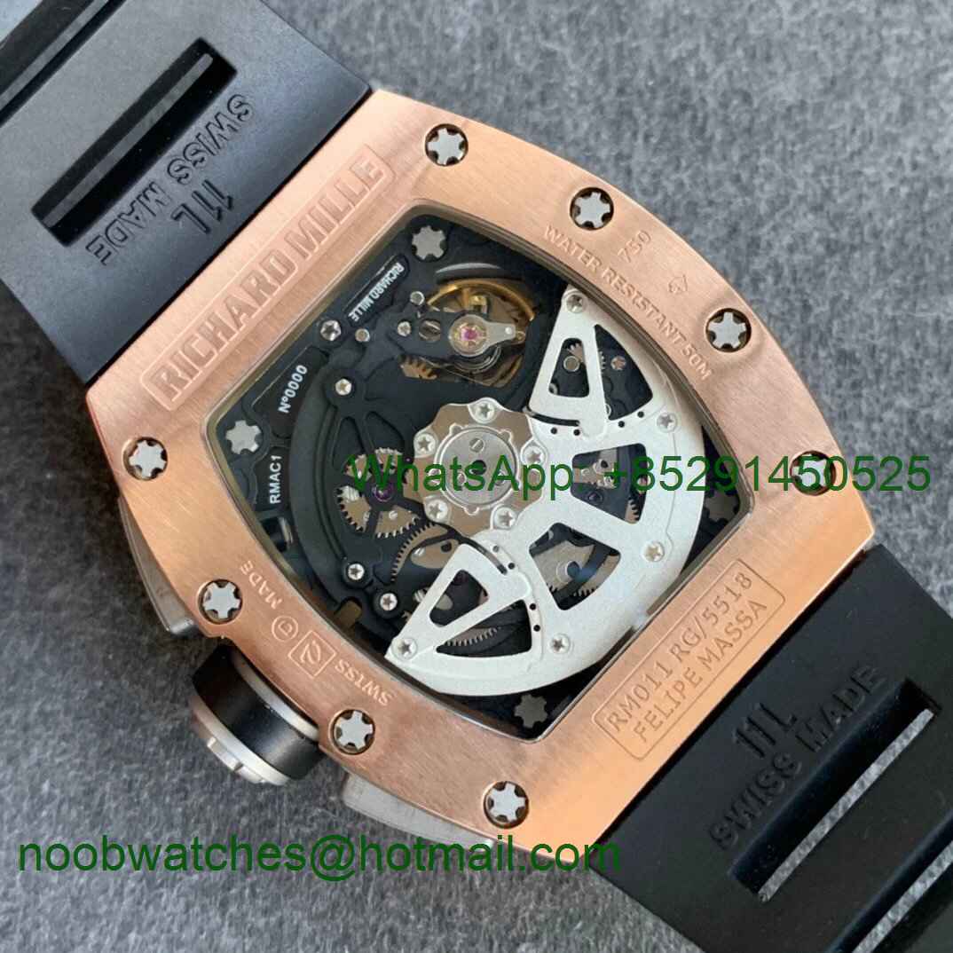 Replica Richard Mille RM011 Rose Gold Chrono KVF 1:1 Best Edition Crystal Dial Black on Black Rubber Strap A7750 V3