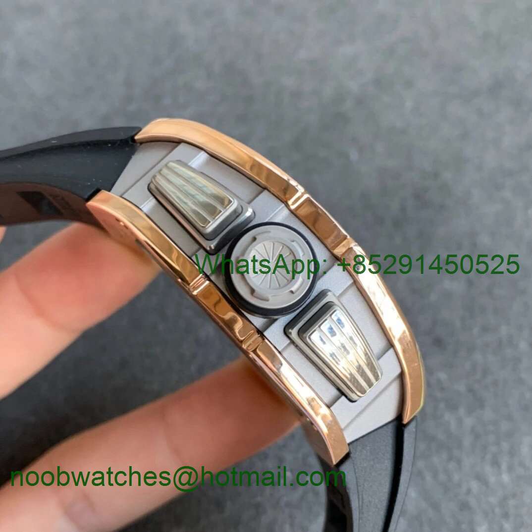 Replica Richard Mille RM011 Rose Gold Chrono KVF 1:1 Best Edition Crystal Dial Black on Black Rubber Strap A7750 V3
