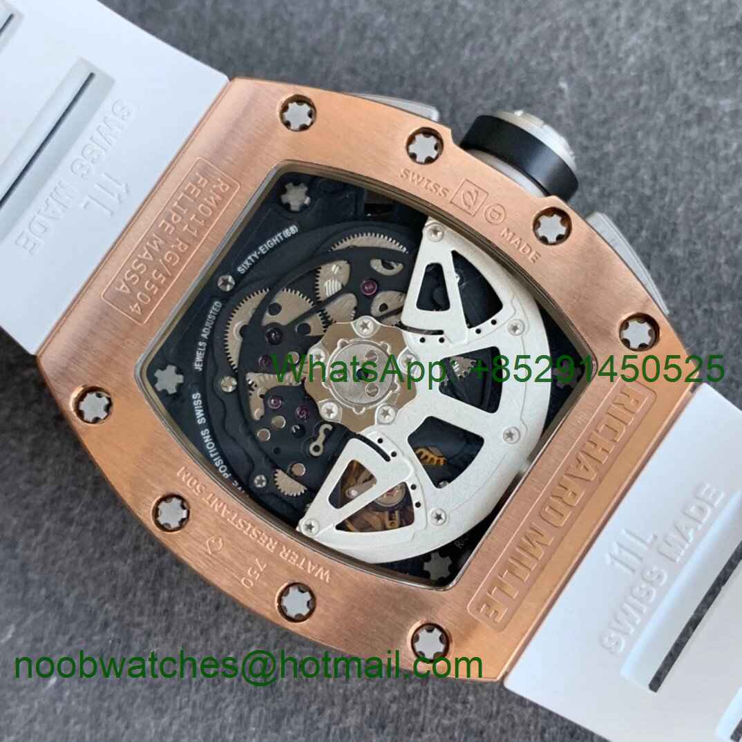 Replica Richard Mille RM011 Rose Gold Chrono KVF 1:1 Best Edition Crystal Dial Black on White Rubber Strap A7750 V3