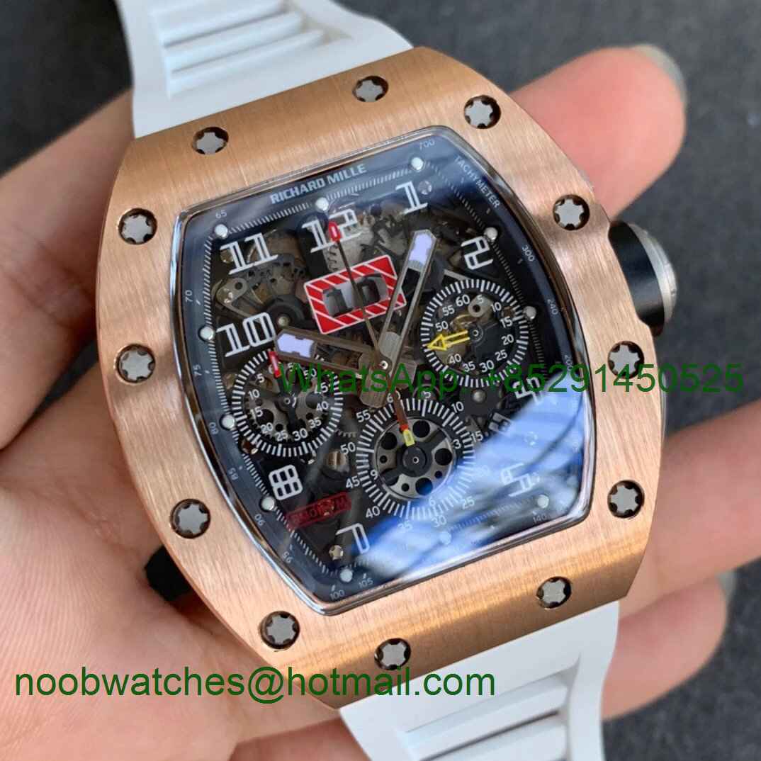Replica Richard Mille RM011 Rose Gold Chrono KVF 1:1 Best Edition Crystal Dial Black on White Rubber Strap A7750 V3