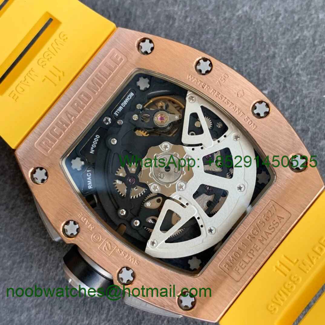 Replica Richard Mille RM011 Rose Gold Chrono KVF 1:1 Best Edition Crystal Dial Black on Yellow Rubber Strap A7750 V3