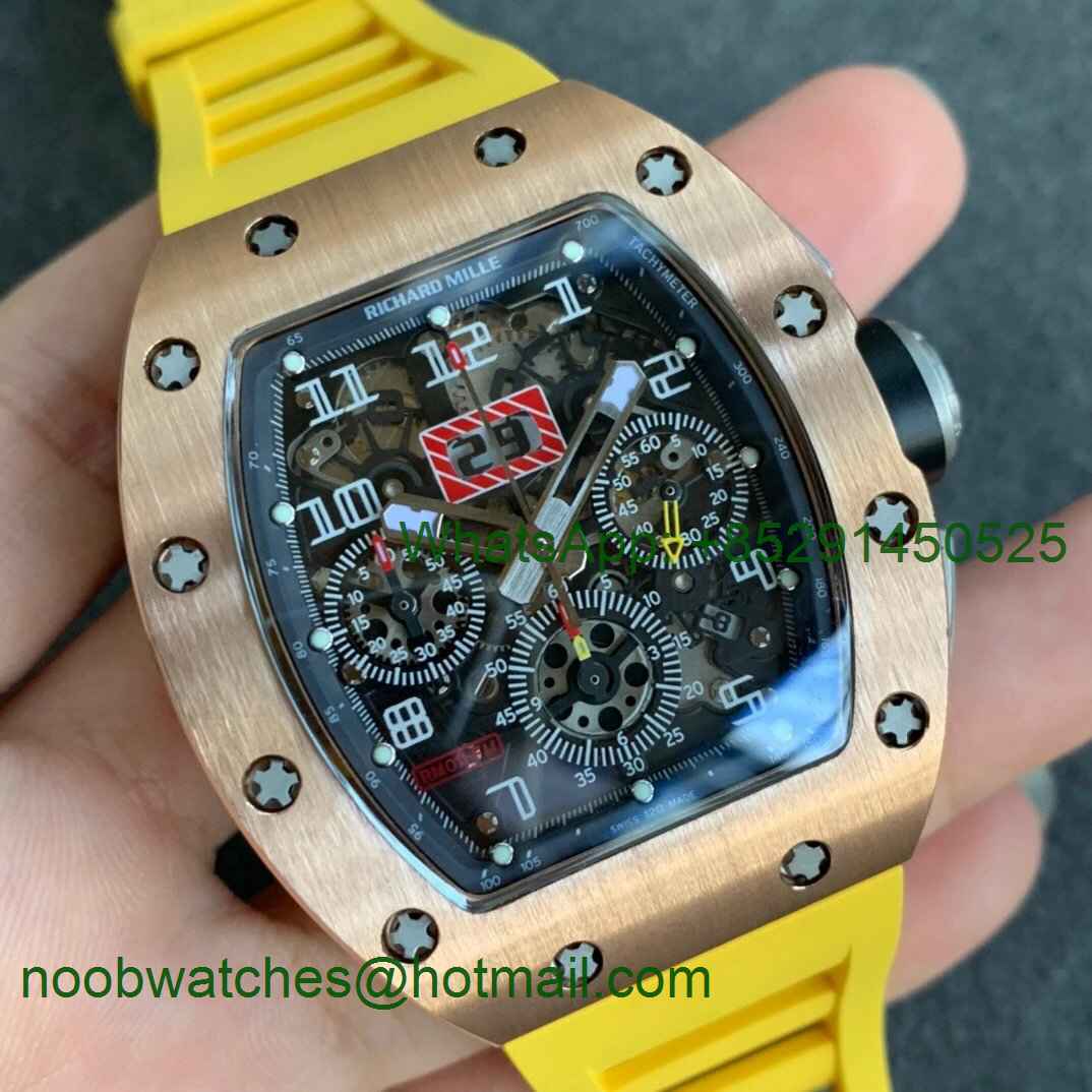Replica Richard Mille RM011 Rose Gold Chrono KVF 1:1 Best Edition Crystal Dial Black on Yellow Rubber Strap A7750 V3