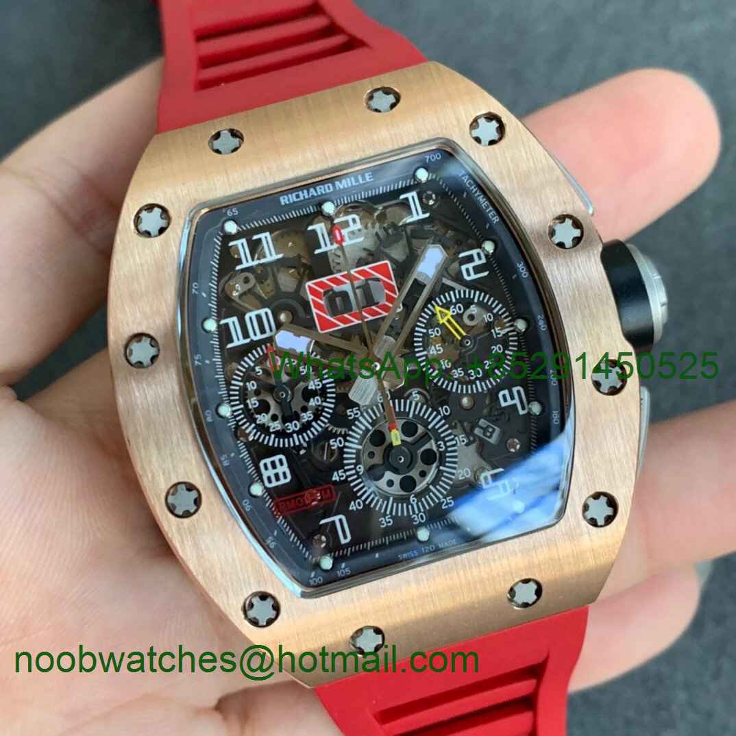Replica Richard Mille RM011 Rose Gold Chrono KVF 1:1 Best Edition Crystal Dial Black on Red Rubber Strap A7750 V3